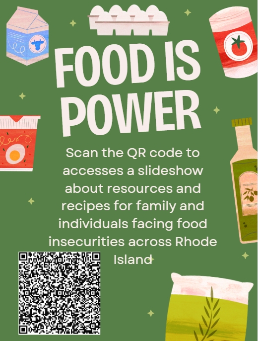 Poster the owner created showing a qr code to access a presentation for help for those suffering from food insecurity.