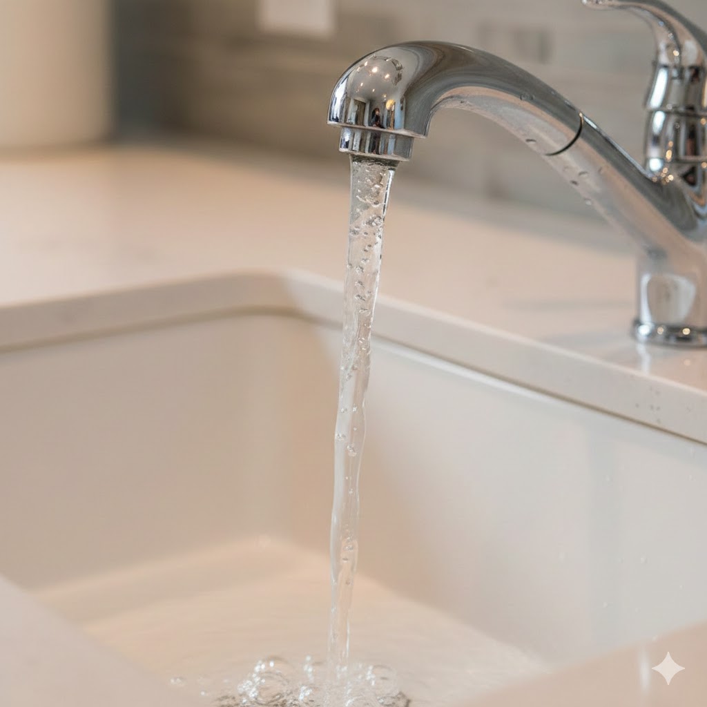 AI-generated image of water coming out of a sink facet using Gemini.